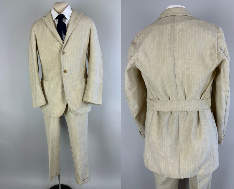 1920s Belted Back Suit Vintage 20s Antique Oatmeal and White Pinstripe Peak Lapel Tunnel Loops Jacket & Pants Dated 1929 Size 34 Small image 1