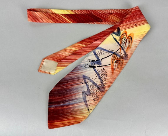 1940s Island Shoreline Breeze Necktie | Vintage 40s Hawaiian Palm Trees Swaying near the Ocean Shore at Sunset Hand Painted Silk Self Tie