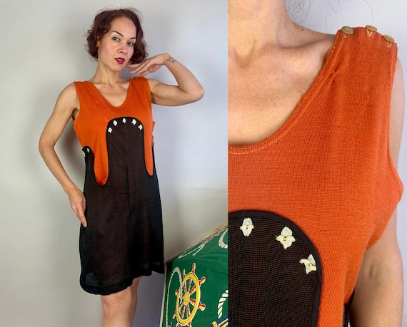1920s Bewitching Bathing Suit | Vintage 20s Orange Wool with Black mesh Overlay 1 Piece Swimsuit with White Ribbon Flowers | Extra Large XL