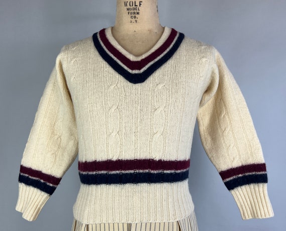 1930s Cricket Chris Jumper | Vintage 30s Ivory White Cable Knit Wool Pullover Sweater with Maroon Red and Navy Blue Stripes | Medium