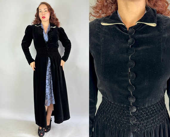 1930s Night at the Opera Coat | Vintage 30s Midnight Black Silk Velvet Jacket with Honeycomb Smocked Waist and Mutton Sleeves | Small