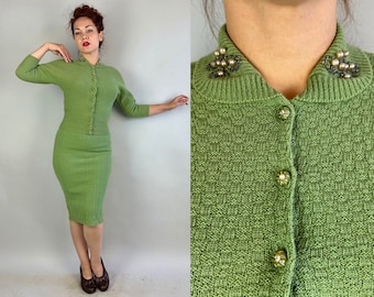 1950s Beautiful Betty Basket Knit Dress Set | Vintage 50s Seafoam Green Wool Sweater Cardigan Beaded Rhinestone Top and Skirt | Small Medium