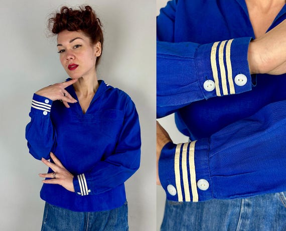 1940s Sally Sailor Blouse | Vintage 40s Blue and White Stripes Nautical Girl Scout Midi Shirt Top with Flap Collar and Pocket | Medium