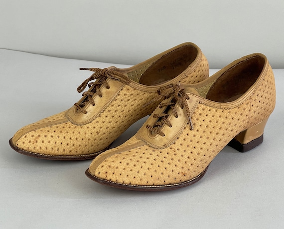 1930s Vital Victoria's Oxfords | Vintage 30s Sporty Dijon Yellow Ostrich Leather Perforated Ventilated Summer Low Heel Lace Up | US Size 7.5