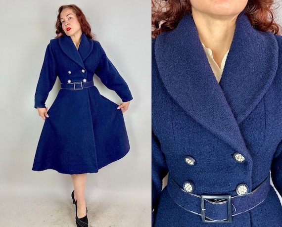 1950s Nubile "New Look" Coat | Vintage 50s Navy Blue Boucle Wool Dior Style Princess Overcoat with Full Skirt & Rhinestone Buttons | Small