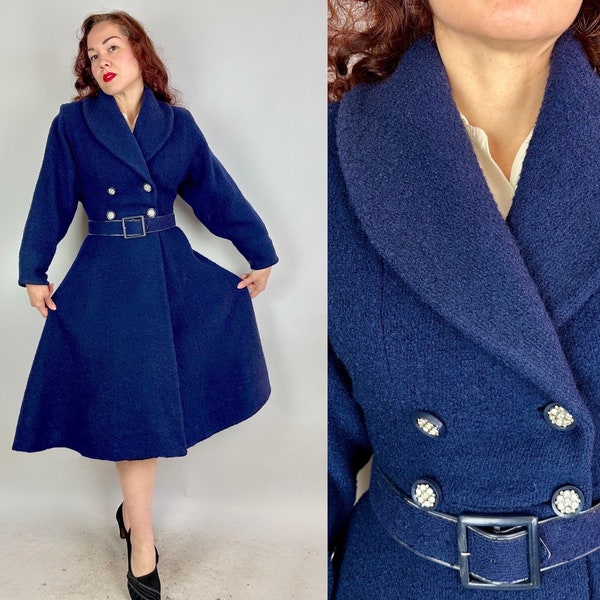 1950s Nubile "New Look" Coat | Vintage 50s Navy Blue Boucle Wool Dior Style Princess Overcoat with Full Skirt & Rhinestone Buttons | Small