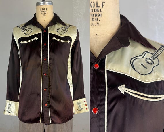 1970s Rhinestone Cowboy Shirt | Vintage 70s Purple and White Satin Western Rodeo Top w/Red Snaps and Guitar & Boot Embroidery | Small/Medium
