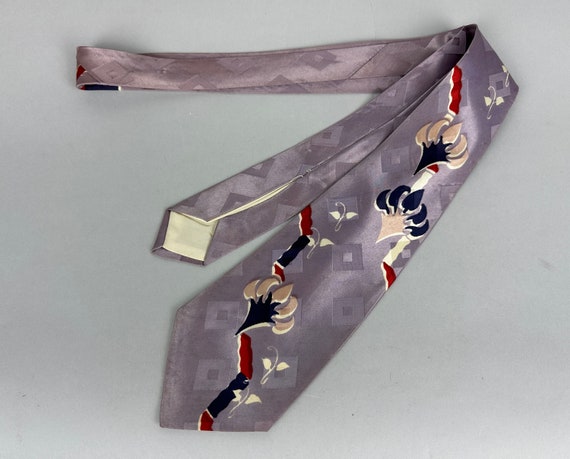 1940s Torchbearer Tie | Vintage 40s Lilac Silk Brocade with Blue Torches and Fiery Red Flames Olympic Race Winner Lover Necktie