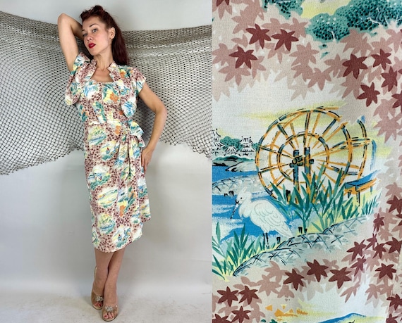 1950s Purely Paradise Dress Ensemble | Vintage 50s Rayon Crepe Hawaiian Sarong and Bolero Two-Piece Set w/Japanese Village Scenes | Small