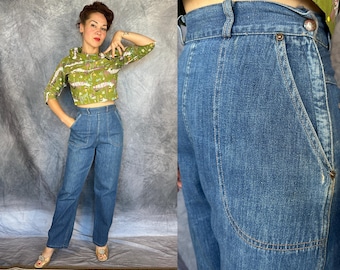 1950s Dallas Dungarees | Vintage 50s Medium Blue Denim Side Zip High Waisted Workwear Jeans with Coral Top Stitching and Big Pockets | Small