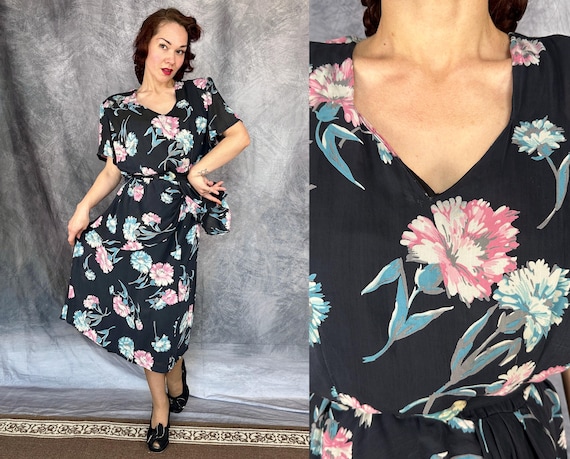 1940s Caring Carnations Dress | Vintage 40s Black with Pink + Blue Floral Semi-Sheer Silk Frock with Drapey Peplum & Belt | Extra Large XL