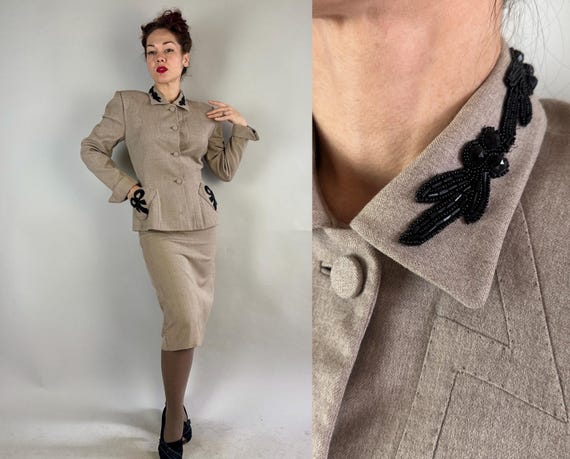 1940s Lucky in "Lilli Ann" Suit | Vintage 40s Sandy Taupe Wool "Fabric of Italy" Blazer with Black Beading and Skirt Set | Extra Small XS