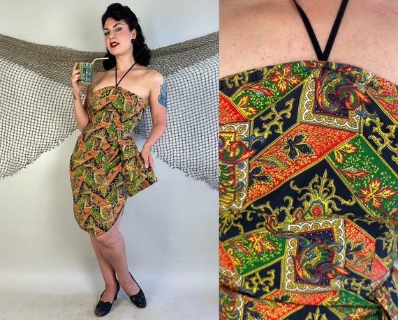1950s Pinup in Paisley Coverup Dress | Vintage 50s Black Red Green and Yellow Ornate Framed Paislies Cotton Hawaiian Sarong | Small