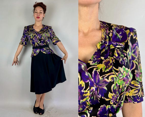 1930s Secret Garden Dress | Vintage 40s Black Purple Yellow and Green Floral Rayon Jersey & Crepe Peplum Puff Sleeve Frock | Extra Large XL