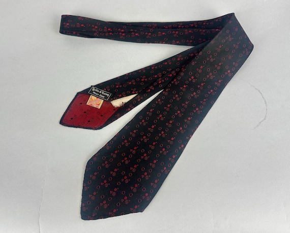 1930s Champagne Bubbles Necktie | Vintage 30s Hollyvogue Midnight Black and Crimson Red Tiny Circular Print Silk Cravat Self Tie