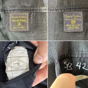 May include: A dark gray suit jacket interior featuring labels that read Timely Clothes PLATEAU Fabric by Pacific Mills and Timely Clothes Balanced Tailoring Webb Kennett's The Hub Redding Calif. A union label and the handwritten text SB 42 are visible.