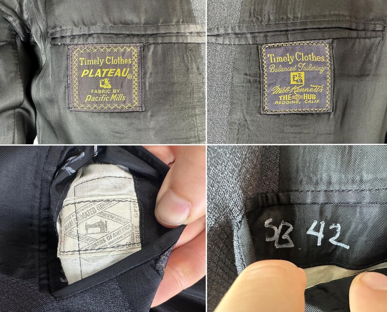 May include: A dark gray suit jacket interior featuring labels that read Timely Clothes PLATEAU Fabric by Pacific Mills and Timely Clothes Balanced Tailoring Webb Kennett's The Hub Redding Calif. A union label and the handwritten text SB 42 are visible.