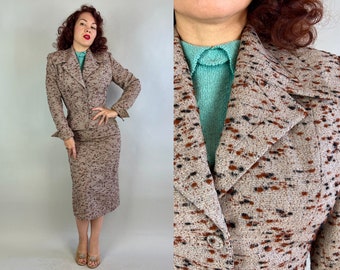 1950s Sassy Slubs "Lilli Ann" Suit | Vintage Early 50s Grey Brown and Black Fleck Nubby Tweed Wool 2-Piece Hourglass Jacket & Skirt | Small