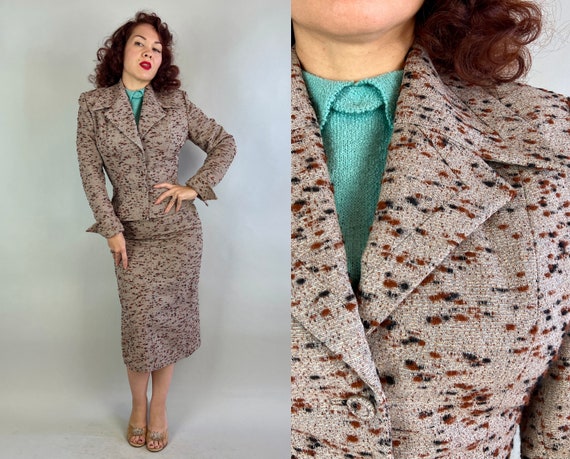 1950s Sassy Slubs "Lilli Ann" Suit | Vintage Early 50s Grey Brown and Black Fleck Nubby Tweed Wool 2-Piece Hourglass Jacket & Skirt | Small