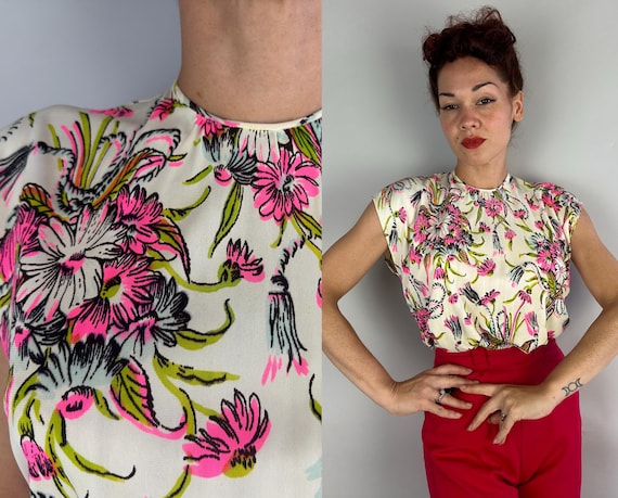 1940s Spring Fling Bouquet Blouse | Vintage 40s Floral Rayon Jersey Shirt in Neon Pink Chartreuse Blue & White | Medium Large Extra Large XL