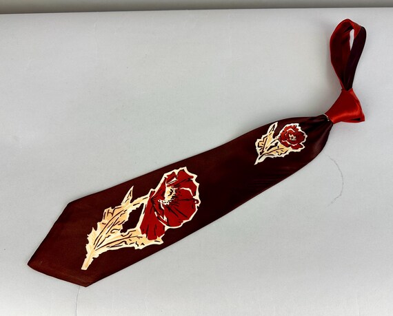 1940s Coming Up Roses Necktie | Vintage 40s Rich Copper Brown Wide Silk Self Tie with Bold Rose Floral Print in Scarlet Red and Peach