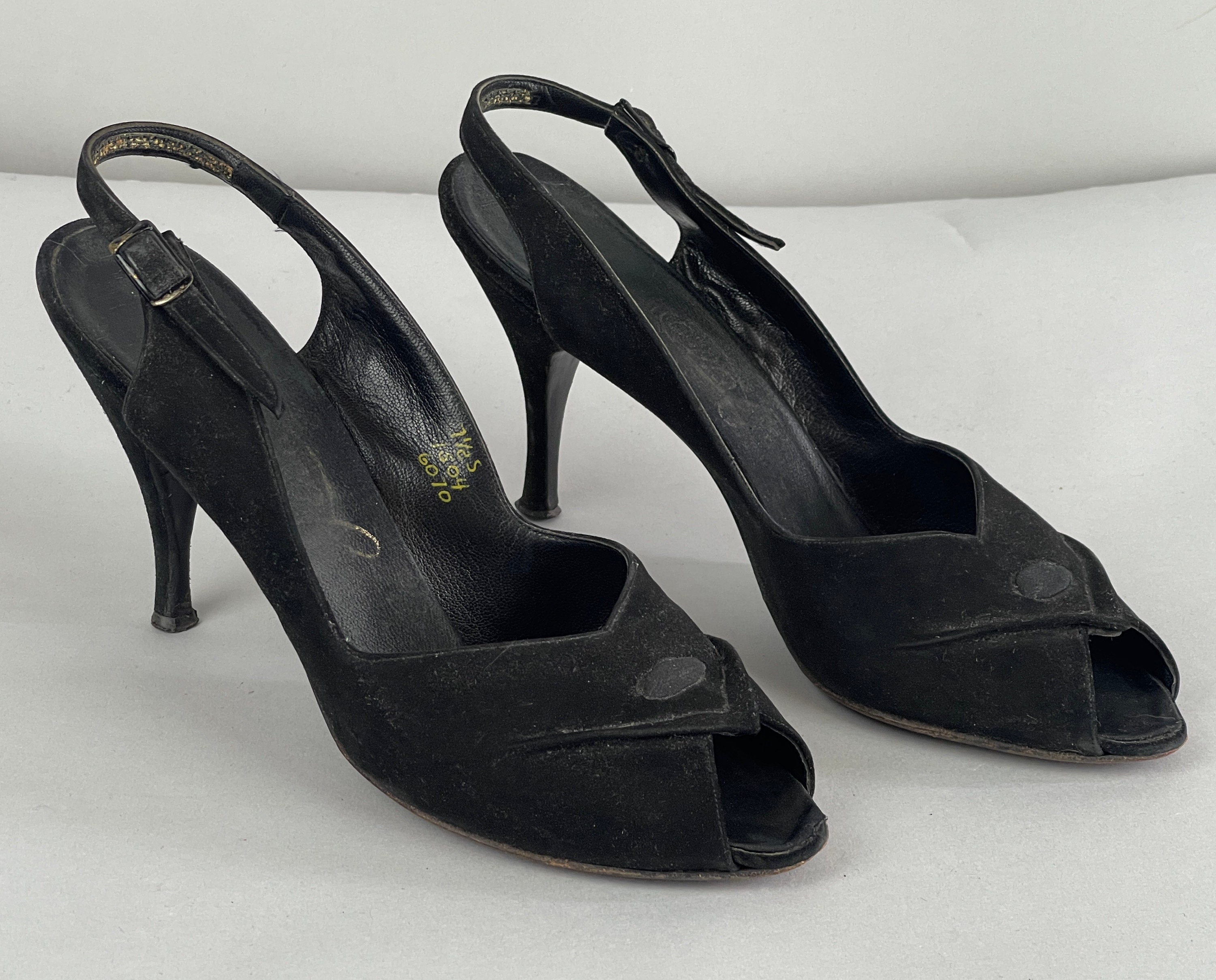 1950s Velvet Vamp Slingback Pumps | Vintage 50s Black Suede Peep Toe ...