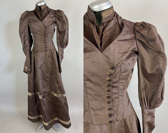 1800s Milady's Mutton Sleeves Ensemble | Antique Victorian Two Piece Olive Brown Silk Faille Skirt & Bodice Gown Set | Extra Small XS