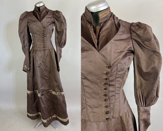 1800s Milady's Mutton Sleeves Ensemble | Antique Victorian Two Piece Olive Brown Silk Faille Skirt & Bodice Gown Set | Extra Small XS