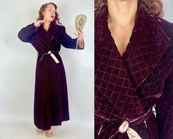 1940s Quilted Queen Dressing Gown | Vintage 40s Bordeaux Purple Rayon Velvet Diamond Quilt Robe with Pocket and Sash Belt | Medium Large XL