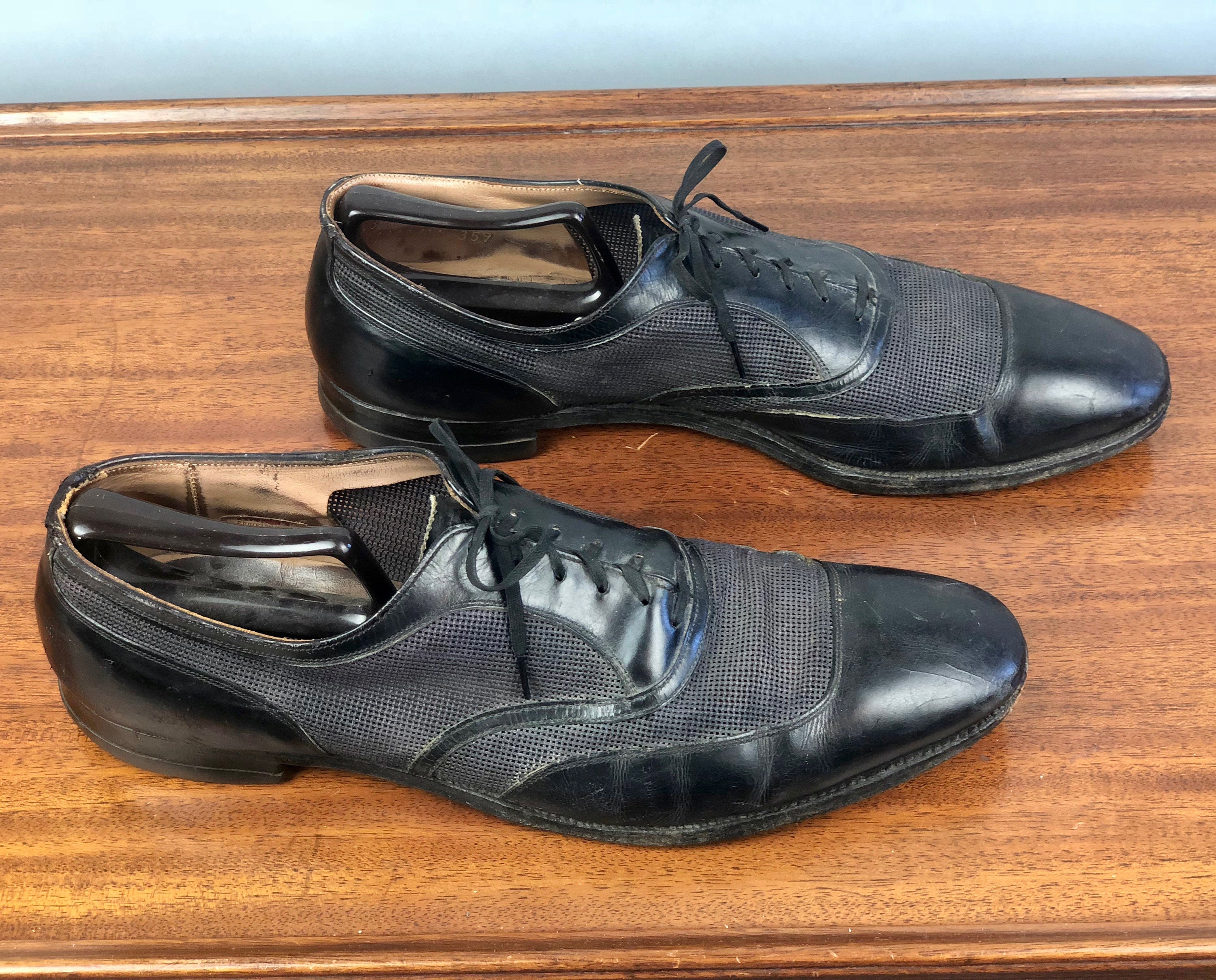 1940s Ventilated Mens Shoes, Vintage 40s Black Apron Toe Oxford Leather  Summer Shoes with Nylon Mesh by Knapp