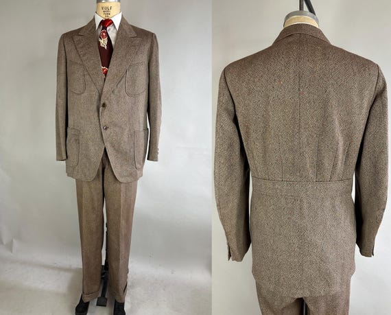 1930s Orange Crush Belted Back Suit | Vintage 30s Two-Piece Flecked Fawn Wool Jacket and Pants Set Dated 1939! | Size 44/46 Extra Large XL