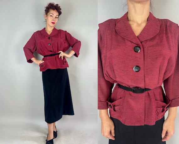 1950s Falling for Fall Suit | Vintage 50s Red Black Slub Fleck Rayon Jacket and Solid Noir Skirt with Belt Dress Set | Extra Large XL