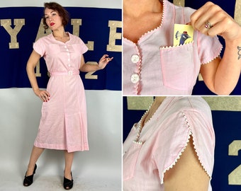 1930s Pink Lemonade Frock | 30s Ribbed Cotton Day Dress with Attached Sash Belt, Front Buttons, & Ric Rac Trim | Large/Extra Large XL Volup