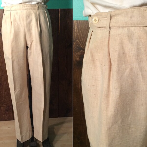 Vintage 1920s Men's Trousers | Natural Linen Button Fly Summer Pants | 33 Waist