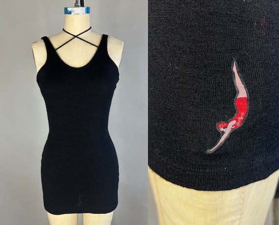 1930s Bathing in Black Swimsuit | Vintage 30s Noir Wool Knit "Jantzen" One Piece Bathing Suit w/Low Back and Neck Straps | XS Small Medium