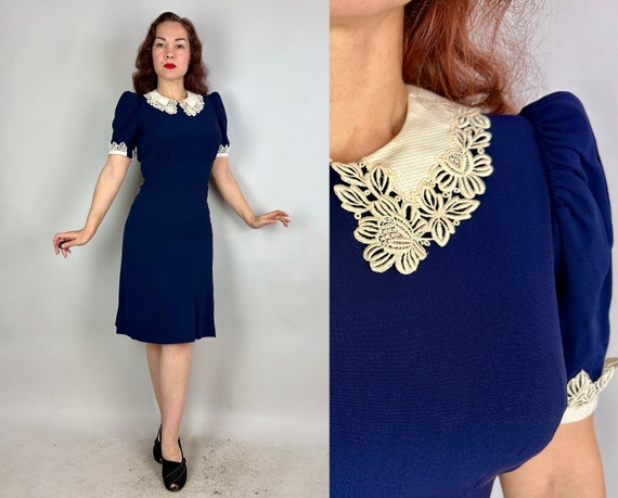1940s Shop Girl Chic Dress | Vintage 40s Navy Blue Rayon Crepe Day Frock with White Lace Collar and Cuffs & Padded Puff Shoulders | Small