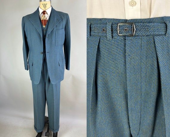 1930s Dashing Dated Suit | Vintage 30s Mottled Blue & Green Wool 3-Piece Set Jacket Vest Pants With Self Belt Dated 1940! | Size 40 Medium