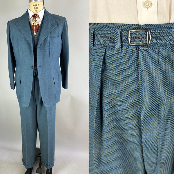 1930s Dashing Dated Suit | Vintage 30s Mottled Blue & Green Wool 3-Piece Set Jacket Vest Pants With Self Belt Dated 1940! | Size 40 Medium