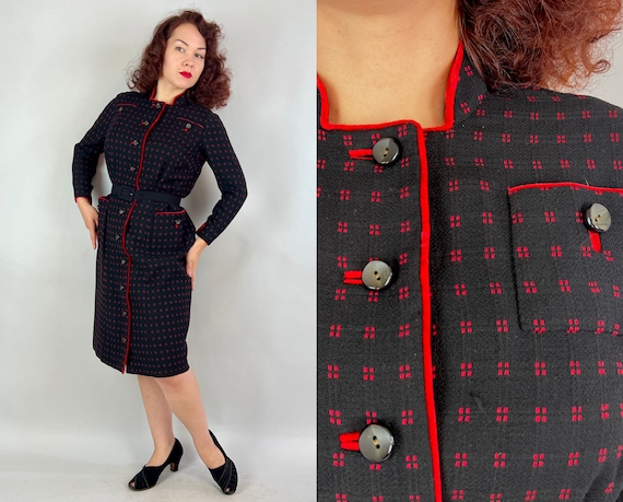 1950s Elegant Festive Winter Dress | Vintage 50s Black and Red Wool Button Up Frock with Pockets and Velvet Trim | Large Extra Large XL