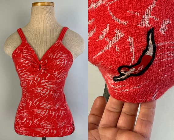 1930s Diver's Dream Swimsuit | Vintage 30s Coral and White Waves Pattern Knit One Piece Bathing Suit with Adjustable Straps | Extra Small XS