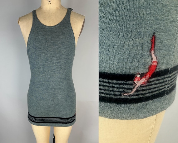 1920s Stormy Seas Swimsuit | Vintage 20s Storm Cloud Grey Wool with Black Stripes Knit Classic "Jantzen" Bathing Suit | Small Medium