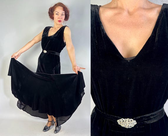 1940s Velvet Vixen Gown | Vintage 40s Black Plush Rayon Deco Bias Cut Deep V-Neck Evening Dress with Rhinestone Belt | Extra Large XL