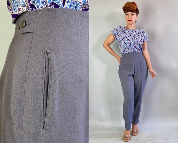 1950s Too Cool "Tiger" Slacks | Vintage 50s Steel Grey Rayon Hollywood Waist Side Zip Trousers Pants with Adjustable Waist | Small Medium