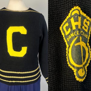 1940s Dance Hall Days Sweater | Vintage 40s Black Fine Wool Knit Collegiate Pullover with Dance Club and "C" Chenille Patches | Small