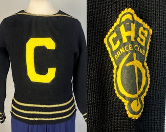 1940s Dance Hall Days Sweater | Vintage 40s Black Fine Wool Knit Collegiate Pullover with Dance Club and "C" Chenille Patches | Small