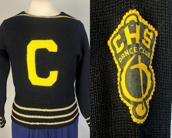 1940s Dance Hall Days Sweater | Vintage 40s Black Fine Wool Knit Collegiate Pullover with Dance Club and "C" Chenille Patches | Small