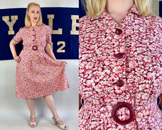 1930s Raspberry Blossom Frock | Vintage 30s Floral Cotton Feedsack Day Dress in Red and Pink w/ Bakelite Buckle & Buttons | Extra Large XL