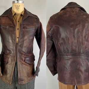 1940s Leather Laddie Jacket | Vintage 40s Mottled Brown Heavy Hide Coat with Pleated Belted Back and Flap and Zipper Pockets | Small