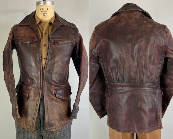 1940s Leather Laddie Jacket | Vintage 40s Mottled Brown Heavy Hide Coat with Pleated Belted Back and Flap and Zipper Pockets | Small