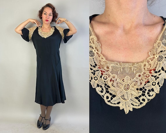 1920s Edwina's Enchanting Dress | Vintage 20s Midnight Black Volup Silk Art Deco Lace Flapper Evening Frock LBD | XL Extra Large/Large